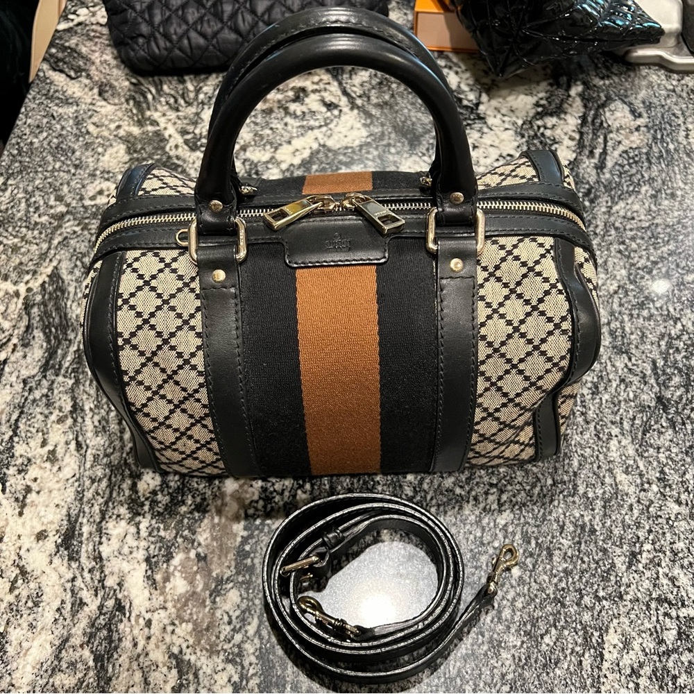 Gucci Diamanté Boston Bag with Black and Chestnut Stripes, EUC